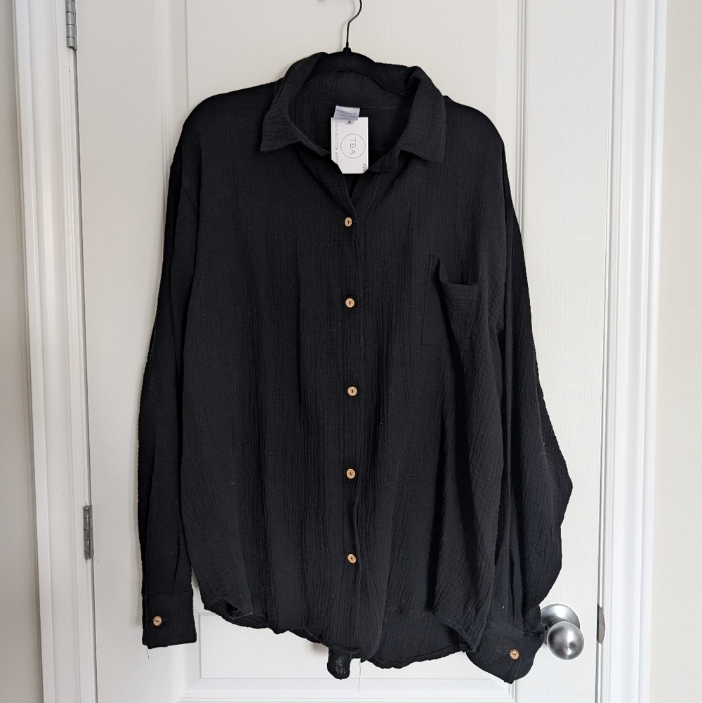 Women's Black Button-Down Gauze Shirt
